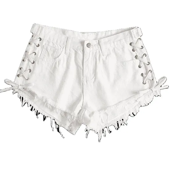 KY summer lady white low waist Zipper Fly Lace Up Cutoffs ripped jeans Shorts