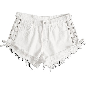 KY Summer Lady <strong>White</strong> Low Waist Zipper Fly Lace up Cutoffs Ripped <strong>Jeans</strong> <strong>Shorts</strong> - Product Image 1