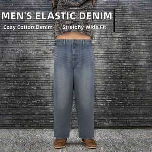 Wholesale Custom Mens Wide Leg Washed Printed Cotton Denim <b>Jeans</b> Loose Fit Casual Streetwear <b>Elastic</b> Breathable Fashion Trousers - Product Image 2