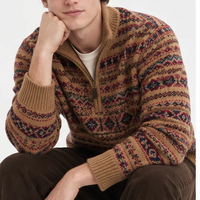 Pull en tricot Fair Isle personnalisé pour homme, col montant demi-zip, motif géométrique, camel, rétro, hiver, service ODM
