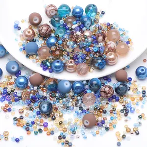 朱碧对比设计棕色蓝色松散玻璃珠混合多种类型粘土珠水晶松散圆形珠珠宝制作