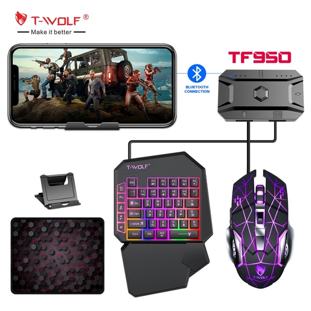 T-WOLF TF950 5IN1 Single-handed Keyboard Mouse and Converter Mousepad Phone Holder Combo One Hand Keyboard Combos for Phone Game