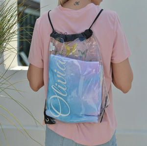 Custom Logo PVC Clear Drawstring Backpack Waterproof Easy Clean Transparent Sportpack for Music Festivals Stadiums School Light