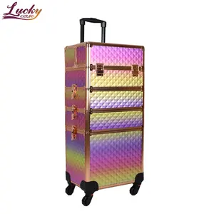 Colorful Shiny 4 In 1 Cosmetic Lockable Rolling Makeup Case Trolley Makeup Nail Artist Travel Train Case Organizer Trolley Box