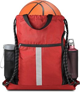 Mochila roja con cordón ajustable, compartimento para zapatos y dos bolsillos laterales de malla, ligera, duradera, deportiva - Product Image 1