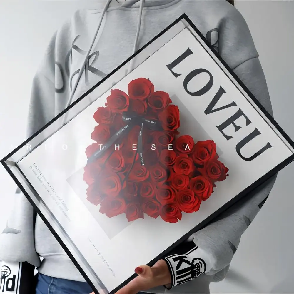 LOVE YOU Creative Transparent Acrylic Square Gift Box With Tote Bag Heart Shaped Flower Box Bouquet Packaging Box Wholesale