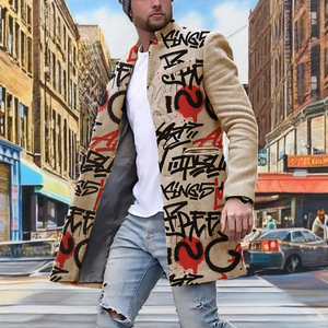 Manteau long en laine tissée épaisse et respirante pour homme, col montant, imprimé, décontracté, pour le travail - Product Image 2