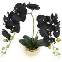 Bunga Anggrek Moth Buatan Berkualitas Tinggi dengan Pot Emas, Sentuhan Asli, Anggrek Phalaenopsis Hitam Palsu untuk Dekorasi Meja Rumah