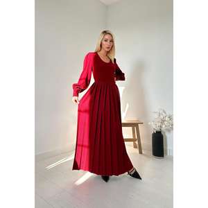 Vestido casual de cuello redondo color borgoña con falda plisada y cintura natural, ideal para fiestas, de tela tejida y lavable. - Product Image 3