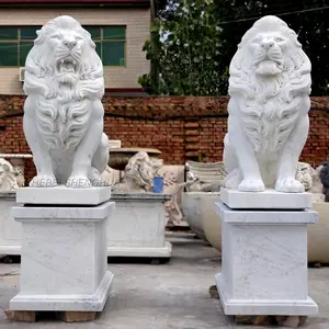 Outdoor Entrance Hand Carved White Marble Large Lion Statue For Sale