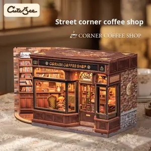 Hecho a mano Mini 3D Pop-Up House PC Material <span class=keywords><strong>de</strong></span> madera DIY Asamblea Escena <span class=keywords><strong>de</strong></span> madera <span class=keywords><strong>de</strong></span> Street Corner Coffee Shop Idea <span class=keywords><strong>de</strong></span> regalo - Product Image 5