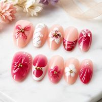 Faux ongles courts à porter, forme amande, effet œil de chat rose-rouge, design papillon 3D, haute qualité, effet éclaircissant, pour le marché international