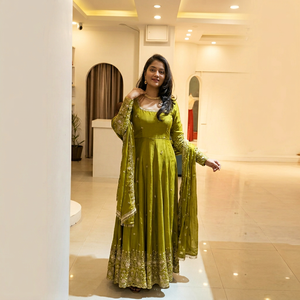 <b>Green</b> <b>Silk</b> Gown Floor Length Traditional Indian Women's Wedding Wear Regular Fit Wrinkle Free All Seasons - Product Image 1