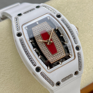Women's white ceramic mechanical <b>watch</b> with red moissanite-<b>set</b> rubber strap - Product Image 2