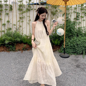 Halter Neck Long Dress Apricot Polyester Empire Waist Wrap And Tie Beach Vacation Tea Break Style - Product Image 3