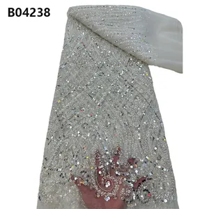 CHOCOO Haute Vente Broderie De Mariée Perlée Dentelle Tissu Blanc Perles Africaines Sequin Dentelle Tissu pour Femmes Robe