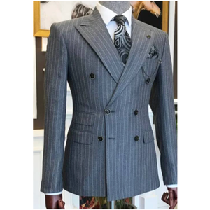 Herren anzüge Slim Fit 2 Stück graue Streifen Jacken hose für Hochzeit Bräutigam Smoking Peaked Revers Blazer - Product Image 3