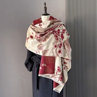 Nouvelle Écharpe Jacquard Femme Style Chinois Motif Paysage de Fleurs de Prunier - Automne/Hiver, Fausse Soie Cachemire Extra-Épaisse, Design Vintage ; Châle