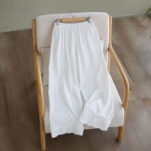 Cotton Linen Wide Leg Pants Loose Cropped With Lace Trim Women Spring Summer Casual Breathable Solid Color Apricot White - Product Image 3