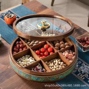 Caja redonda de madera para frutos secos con tapa y divisores, contenedor de almacenamiento de té y aperitivos de estilo retro chino - Product Image 2