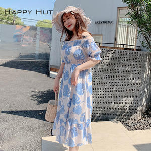 ชุดเดรสฤดูร้อนสำหรับผู้หญิงไซส์ใหญ่ แบบเปิดไหล่ สีฟ้า แต่งระบาย เอวยางยืด สไตล์ลำลอง รุ่น N7038 - Product Image 5