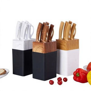 Ensemble de 7 couteaux de cuisine en acier inoxydable avec bloc de rangement, motif grain de bois, comprenant un couteau de chef et des ciseaux - Product Image 1