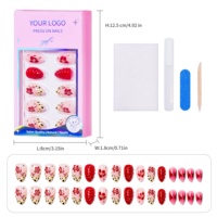 Faux ongles à presser en ABS, courts, forme amande, brillants, à couverture complète, réutilisables, motif léopard floral rouge, vente en gros