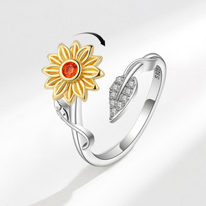 Rotating Sunflower Open <b>Rings</b> Pave Set Zircon Copper Gold Plated You Are My Sunshine Stress Relief Jewelry For <b>Couple</b> Gifts - Product Image 1