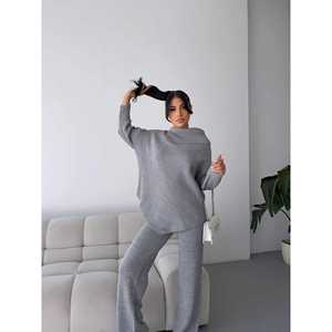 Casual Plaid Print <b>Knit</b> <b>Set</b> Bow Collar Embroidered Terry Fabric Pleated Button Decoration Ankle-Length Streetwear for Spring - Product Image 2