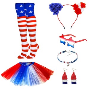 PESENAR Ensemble de costume tutu patriotique du 4 juillet, robe drapeau américain avec chaussettes et bandeau pour la fête du Jour de l'Indépendance - Product Image 1
