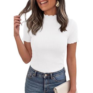 Camiseta de manga corta acanalada para mujer, top básico ajustado con cuello simulado y volantes, ropa informal para primavera y verano - Product Image 4