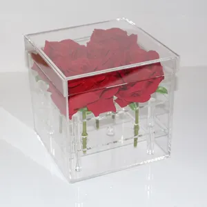 Vaso de flores rosa/flor preservada transparente Pmma com gaveta Caixa de acrílico com 4 furos Caixas de flores rosa com caixa de armazenamento