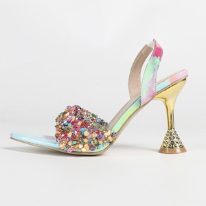 Sandales colorées à bout pointu avec pierres colorées, chaussures à talons chaton brillants ornées de diamants, escarpins à bride arrière pour femmes - Product Image 1