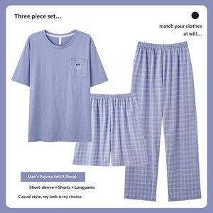 Set Pigiama <span class=keywords><strong>Uomo</strong></span> Lijia Premium 100% Cotone 3-in-1, Abbigliamento Casual da Casa con Pantaloni a Quadri, Traspirante, Taglie L-4XL, Loungewear Estivo - Product Image 3