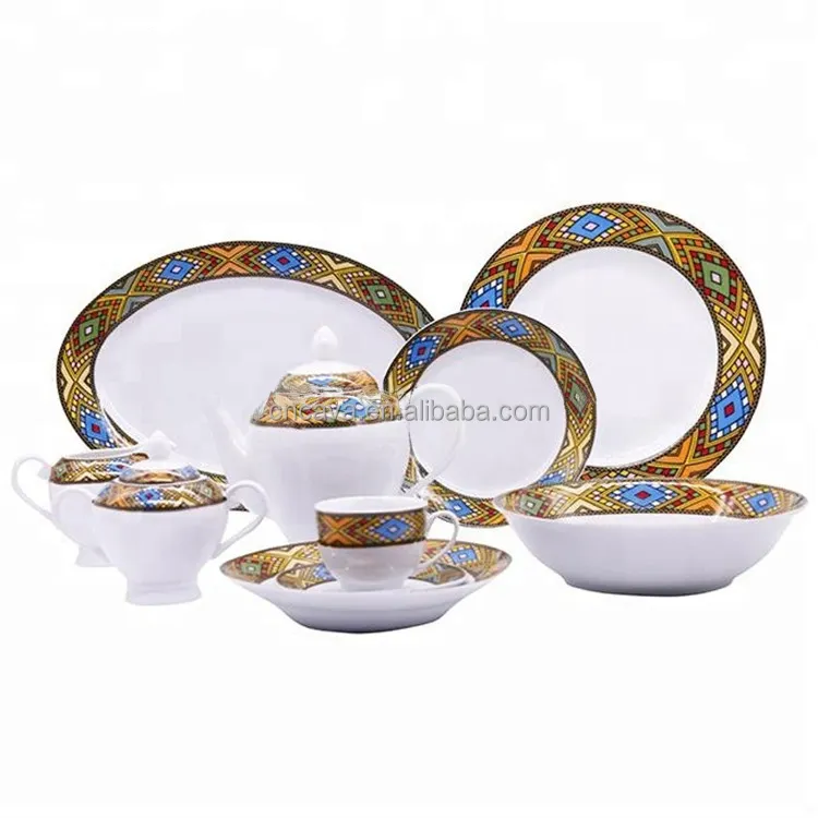 Offre Spéciale éthiopien classique style 47 pièces porcelaine dîner ensemble avec telet conception
