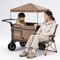 Chariot de camping pliable à frein, quatre roues, tout-terrain, chariot utilitaire à pousser et à tirer avec pare-soleil pour la plage, les courses et le rangement