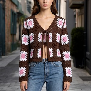 Cardigan da <span class=keywords><strong>Donna</strong></span> Vintage a Quadri <span class=keywords><strong>in</strong></span> <span class=keywords><strong>Pizzo</strong></span> all'Uncinetto, Maglione Sottile Traforato Traspirante per Primavera e Autunno - Product Image 4