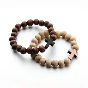 Braccialetto di perline di legno di colore naturale con croce religiosa colorata con ciondoli rotondi da 10mm fatti a mano