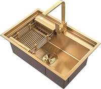 Évier de cuisine simple en acier inoxydable doré brossé de luxe et robinet multifonctionnel carré doré assorti