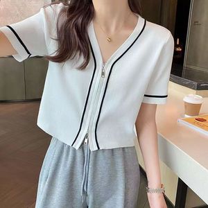 2025 New Women's Striped V-Neck <b>Cardigan</b> Double Zipper Breathable Casual Summer Sweater - Product Image 2