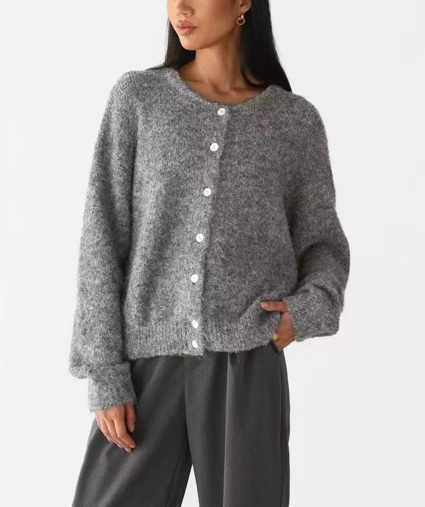 Women's wool cardigan - Customizable O-neck knitted buttoned top, solid color cardigan for autumn and winter