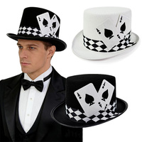 Chapeau de fête d'Halloween Hip Hop noir et blanc, chapeau de magie à motifs de cartes de poker, chapeau de scène pour performance, chapeau de magicien à motifs de piques BS211