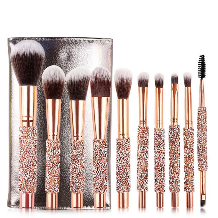 Rose Golden Long Lanh Xử Lý 10 Cái Pha Lê Kim Cương Foundation Brush Set Với PU Túi Trang Điểm Brushes