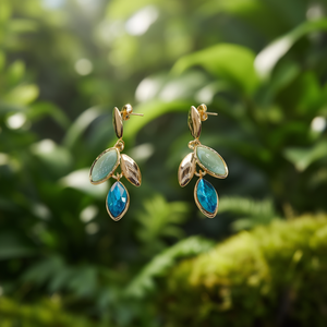 Boucles d'oreilles pendantes tendance en acier inoxydable 316L plaqué or PVD, design feuille bleu-vert durable et résistant - Product Image 3