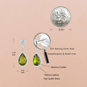 Pendientes de Plata 925 con Cristal Verde Oliva en Forma de Pera con Doble Halo, Chapados en Platino, Regalo para Banquete de Boda - Product Image 4