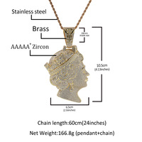 Collier Hip-Hop pour Homme Très Vendu en Laiton, Sertie de Zircons Cubiques, Pendentif 3D Double Face Reine Elizabeth