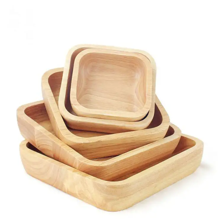 Nouveau bambou naturel épais carré en bois assiette carrée bol à salade plateau de service en bois pour la cuisine