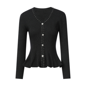 Elegante <span class=keywords><strong>Cardigan</strong></span> <span class=keywords><strong>Viola</strong></span> in Maglia con Peplum, Maglione a Costine con Scollo a V e Bordo a Contrasto, Bottoni in Perla, Top Chic da Donna - Product Image 2