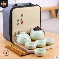 Tas Penyimpanan Keramik Portabel untuk Perjalanan, Hadiah Set Cangkir Teh Kung Fu 4 Cangkir Dua Teko dengan Nampan