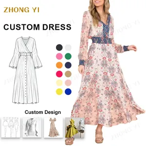 Ladies Elegant Floral Print Long Dress Factory Custom Autumn Casual V Neck Long Sleeve Women Chic Tunic Casual Dress